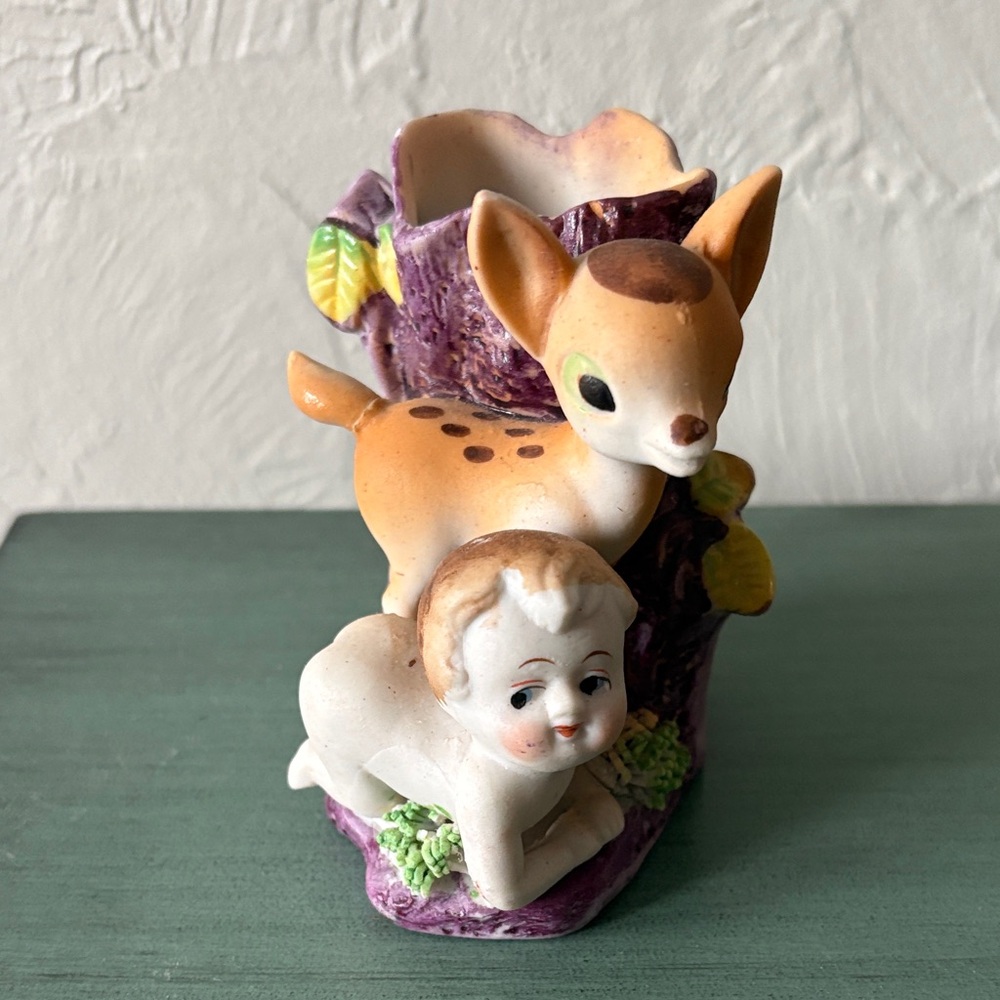 Vintage Ceramic Fawn & Cherub Planter — Cream, Peach & Purple